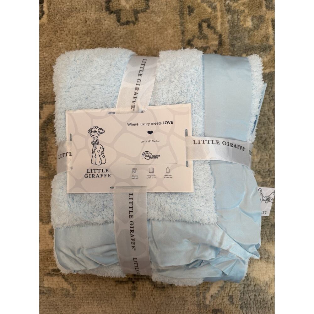 Little Giraffe Baby Blanket Light Blue Chenille Satin Trim 29 x 35 NWT $95